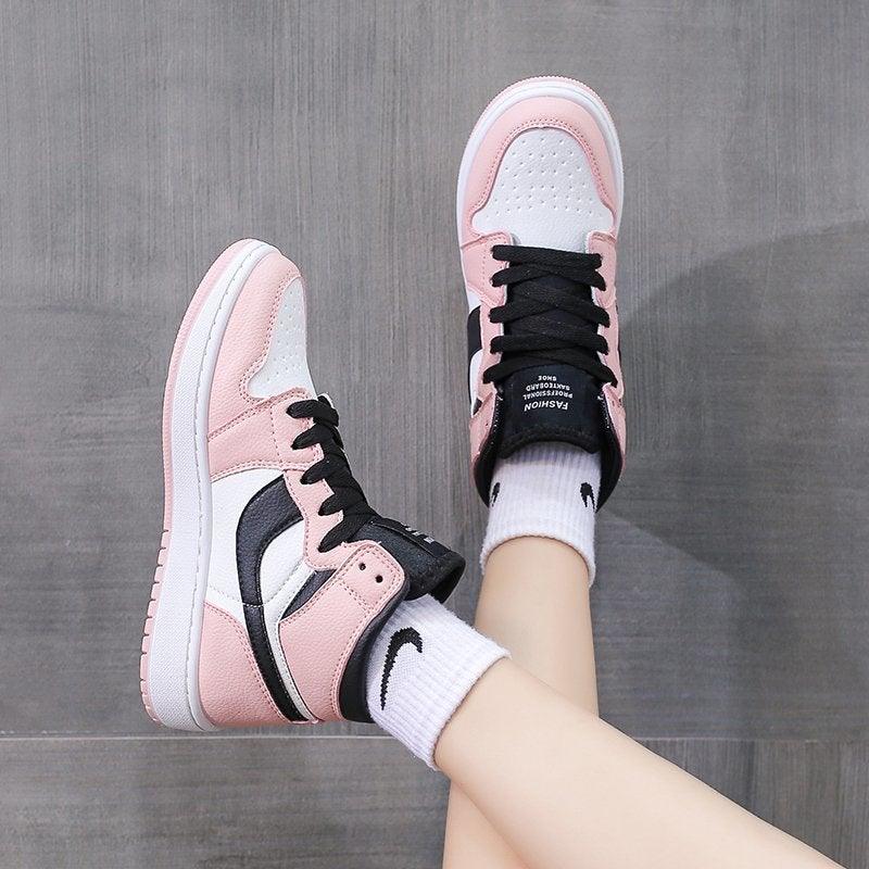 Leather Sports Running Shoes Red Breathable Anti Slip Vulcanized High Top Plate Shoes Lace-up Classic Shoes Girls Comfortable Men Casual Flats Sneakers