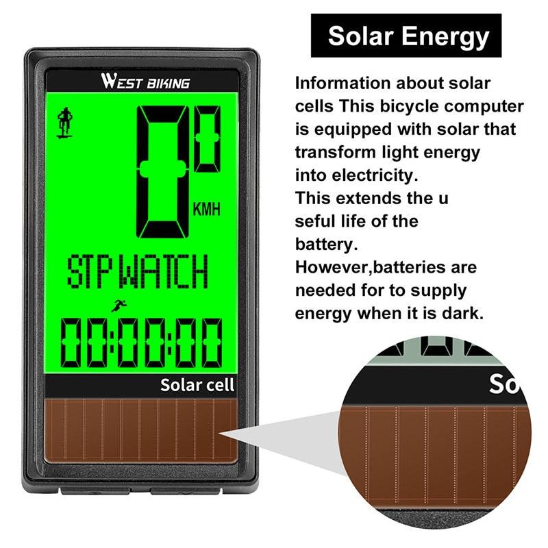 LED Waterproof Bicycle Computer Wireless 5 Language Cycling Bike Odometer Stopwatch Speedometer With Solar Energy Bicycle Odometer Wireless Waterproof Cycling Computer LCD Backlight Display