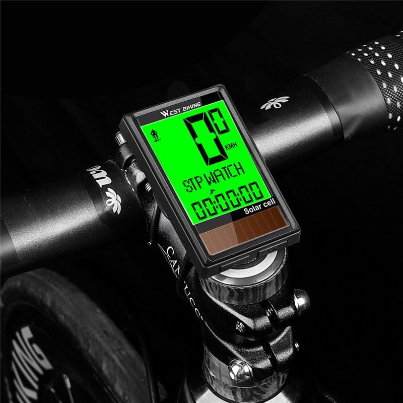 LED Waterproof Bicycle Computer Wireless 5 Language Cycling Bike Odometer Stopwatch Speedometer With Solar Energy Bicycle Odometer Wireless Waterproof Cycling Computer LCD Backlight Display