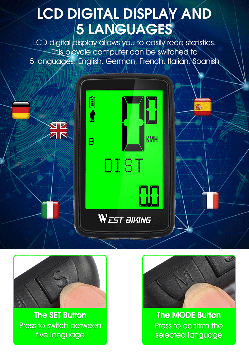 LED Waterproof Bicycle Computer Wireless 5 Language Cycling Bike Odometer Stopwatch Speedometer With Solar Energy Bicycle Odometer Wireless Waterproof Cycling Computer LCD Backlight Display