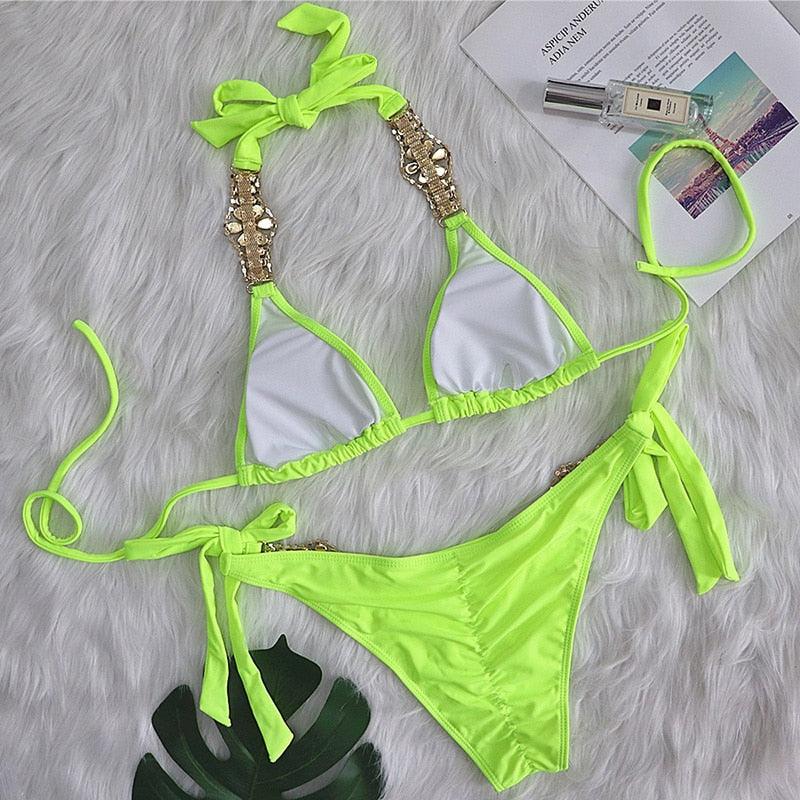 Luxury Purple Halter Crystal Diamond Bikini Female Swimsuit Women Swimwear Rhinestone Bikini Set Bathing Suit Women's Swimwear Rhinestone Halter Low Waist Tie Side Bikini Set 2 Pieces Crystal Diamond Swimsuit