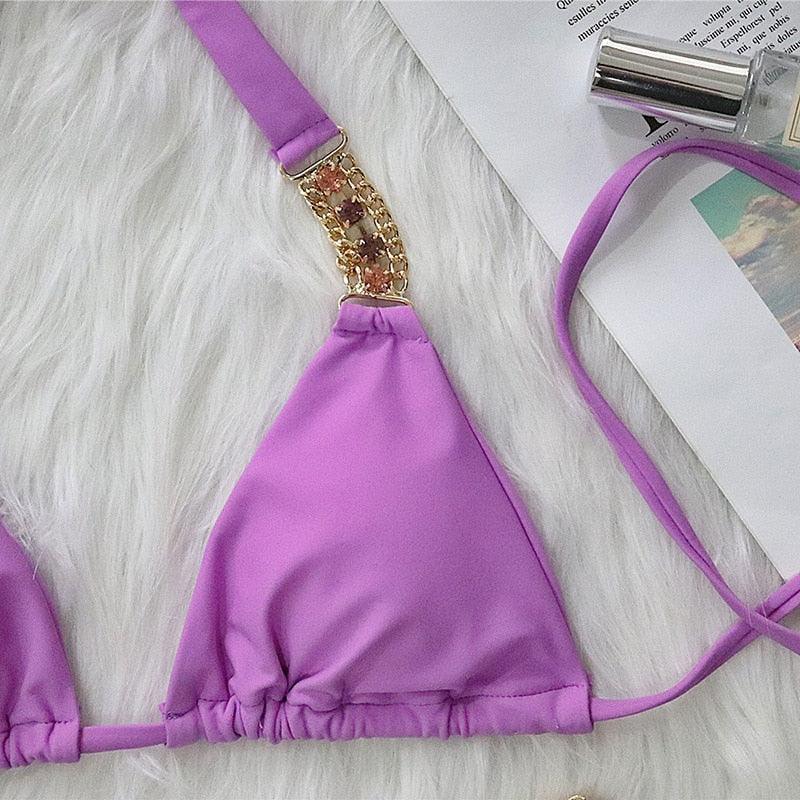 Luxury Purple Halter Crystal Diamond Bikini Female Swimsuit Women Swimwear Rhinestone Bikini Set Bathing Suit Women's Swimwear Rhinestone Halter Low Waist Tie Side Bikini Set 2 Pieces Crystal Diamond Swimsuit