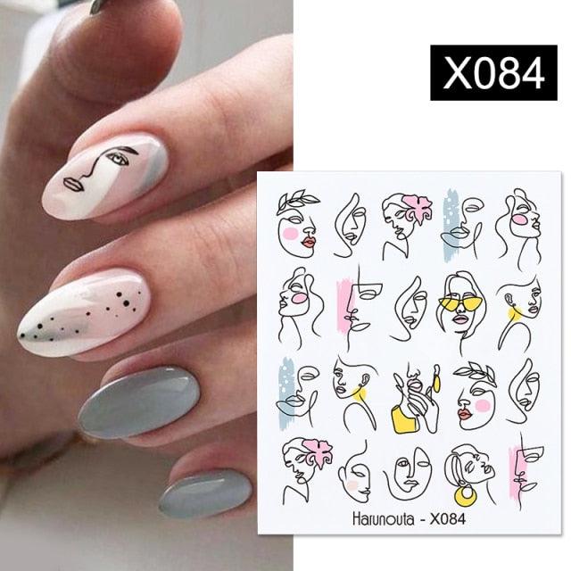 Black Lines Flower Leaves Water Decals Stickers Floral Face Marble Pattern Slider For Nails Summer Nail Art Decoration Summer Stickers on Nails Simple Summer Slider for Manicure Nail Art Watermark Manicure Decor