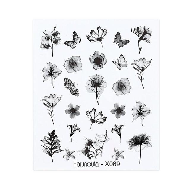 Black Lines Flower Leaves Water Decals Stickers Floral Face Marble Pattern Slider For Nails Summer Nail Art Decoration Summer Stickers on Nails Simple Summer Slider for Manicure Nail Art Watermark Manicure Decor