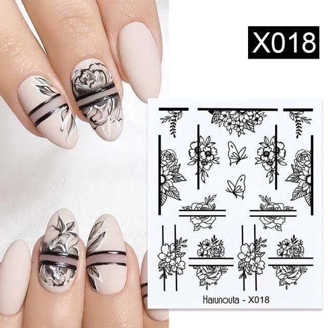 Black Lines Flower Leaves Water Decals Stickers Floral Face Marble Pattern Slider For Nails Summer Nail Art Decoration Summer Stickers on Nails Simple Summer Slider for Manicure Nail Art Watermark Manicure Decor