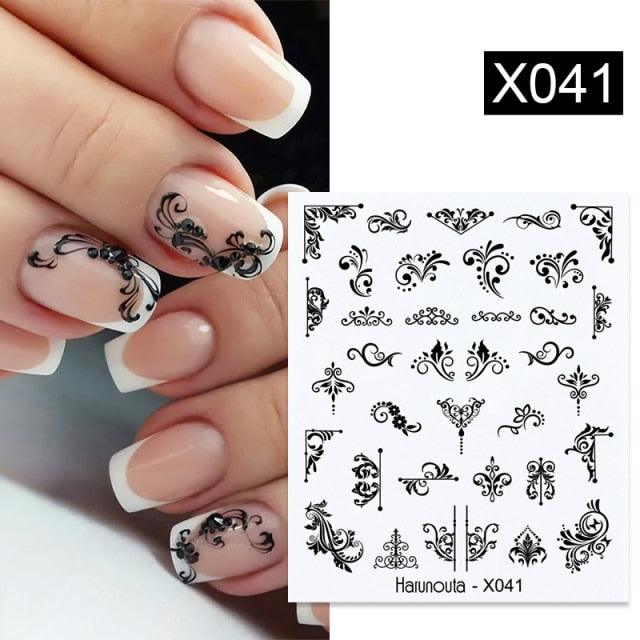 Black Lines Flower Leaves Water Decals Stickers Floral Face Marble Pattern Slider For Nails Summer Nail Art Decoration Summer Stickers on Nails Simple Summer Slider for Manicure Nail Art Watermark Manicure Decor