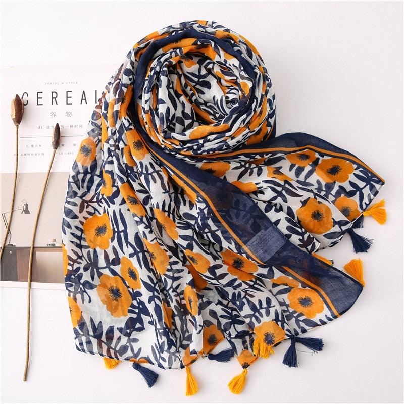 New Fashion Lady High Quality Soft Polka Floral Elegant Fringe Viscose Shawl Scarf Lightweight Wrap Headband Muslim Hijab For Women 180*90Cm