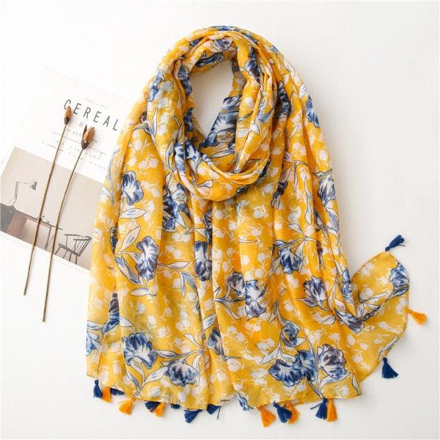 New Fashion Lady High Quality Soft Polka Floral Elegant Fringe Viscose Shawl Scarf Lightweight Wrap Headband Muslim Hijab For Women 180*90Cm