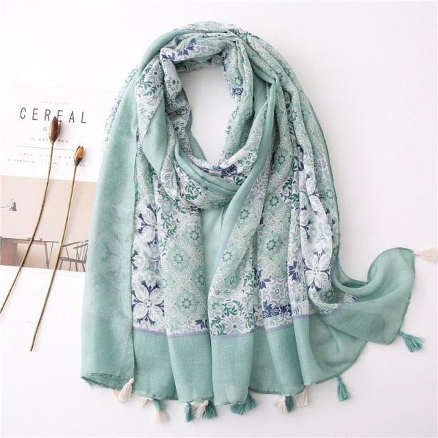 New Fashion Lady High Quality Soft Polka Floral Elegant Fringe Viscose Shawl Scarf Lightweight Wrap Headband Muslim Hijab For Women 180*90Cm