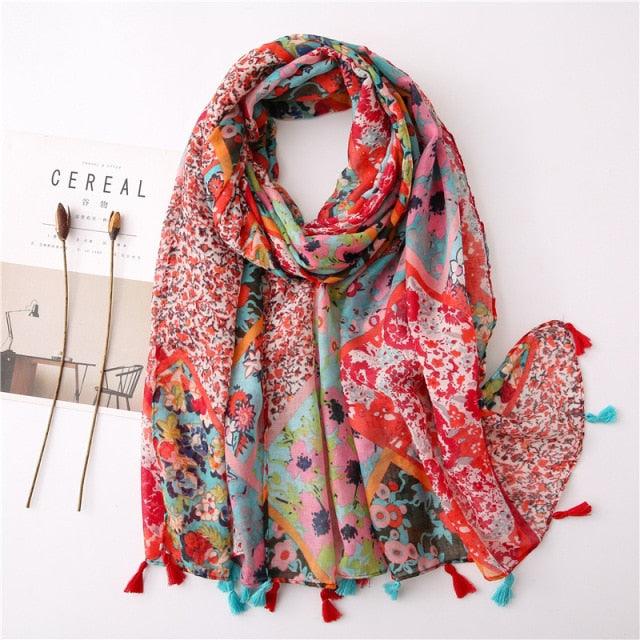 New Fashion Lady High Quality Soft Polka Floral Elegant Fringe Viscose Shawl Scarf Lightweight Wrap Headband Muslim Hijab For Women 180*90Cm