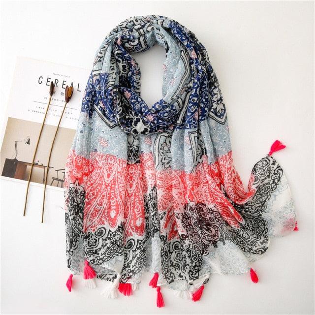 New Fashion Lady High Quality Soft Polka Floral Elegant Fringe Viscose Shawl Scarf Lightweight Wrap Headband Muslim Hijab For Women 180*90Cm