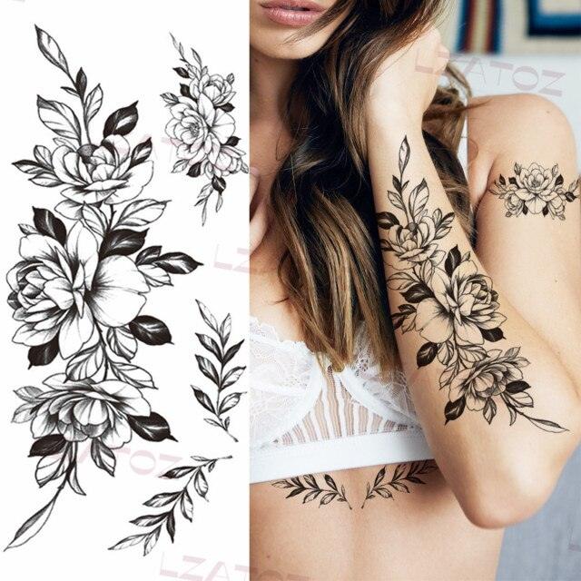 Realistic Sketches Black Flowers Temporary Waterproof Flower Tattoos Modern Body Arm Drawing For Womens - STEVVEX Beauty - 103, Arm Tattoo, Beauty, Big Flowers Tattoo, Big Tattoo, Black Tattoos, Body Tattoo, Fashion Tattoo, Flower Tattoo, Lavender Tattoo, Leg Tattoo, Luxury Tattoo, Modern Tatoos, Modern Tattoo, Realistic Tattoo, Sketch Tattoo, Stylish Tattoo, Tattoo - Stevvex.com