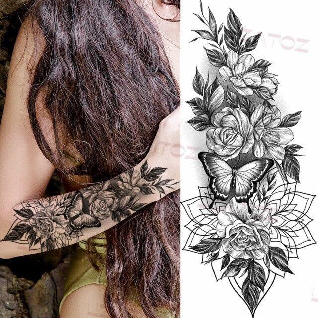 Realistic Sketches Black Flowers Temporary Waterproof Flower Tattoos Modern Body Arm Drawing For Womens - STEVVEX Beauty - 103, Arm Tattoo, Beauty, Big Flowers Tattoo, Big Tattoo, Black Tattoos, Body Tattoo, Fashion Tattoo, Flower Tattoo, Lavender Tattoo, Leg Tattoo, Luxury Tattoo, Modern Tatoos, Modern Tattoo, Realistic Tattoo, Sketch Tattoo, Stylish Tattoo, Tattoo - Stevvex.com