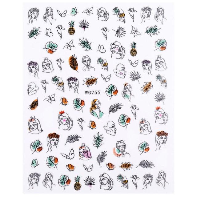 Sexy Lady Shaped 3D Nail Stickers Character Face Image Leaves Flower Decals Slider Black White Nail Art Decoration Manicure Decoration Nail Art Supplies 3D Self-Adhesive Nail Decals Designer Nail Stickers for Acrylic Nails