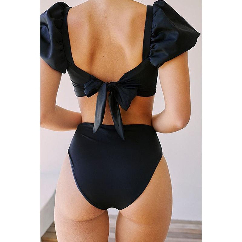 Bikini New 2 Piece Women Swimsuit Women's High Waist Bikini Set Fashion Puff Sleeve Swimwear Set Bathing Suits Solid Color Short Puff Sleeve Summer High Waist Cut Backless Bathing Suit Beachwear