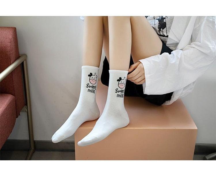 New Fashion Cow Print Cute Animals White Cartoon Socks Cute Happy Socks Unisex Fashion Socks Cow Style Breathable Socks For Men And Women