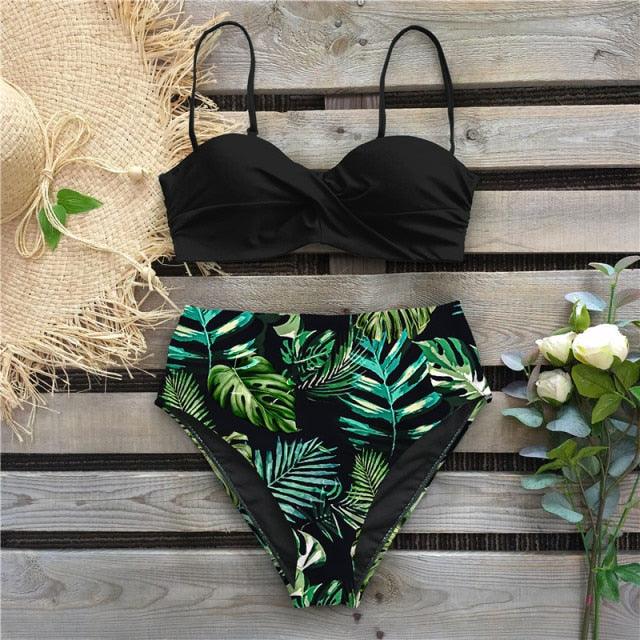 High Waist Bikini Set Women  Bikini Flower Swimwear Women High Waist Bikini Halter Two Piece Bathing Suits Tummy Control Swimsuit Push Up Swimwear Vintage Halter Neck Swimsuit Female Green Bathing Suit