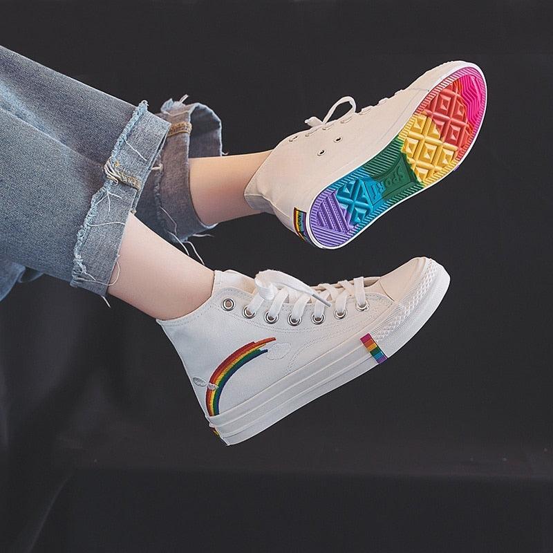 Women's Fashion Vulcanized Sneakers New Rainbow Retro Canvas Shoes Flat Fashion Comfortable Womens Canvas Shoes Sneakers Low Top Tennis Sneakers