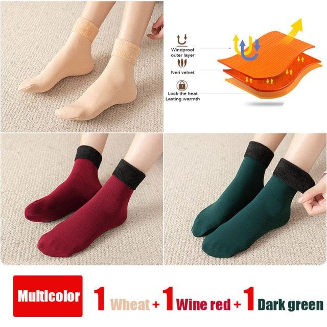 3Pairs Female Winter Warm Thicken Thermal Soft Casual Solid Color Socks Wool Cashmere Home Snow Boots Velvet Home Floor Sock For Women