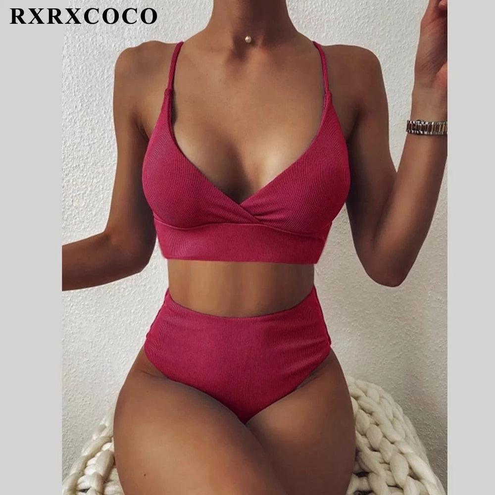 Swimwear Women Ribbed Bathing Suit Female Push Up Bikini Set Women's Bathing Suit Lace up Bikini Ribbed Two Piece Swimsuit Beachwear High Waist Bikini Women's Swimsuit