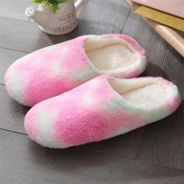 Women Home Slippers With Faux Fur Flats Heel Winter Shoes Keep Warm Shoes For Woman Rainbow Faux Fur Warm Memory Foam Slippers Suede Slip-on Cozy House Shoes Non-Slip Sole