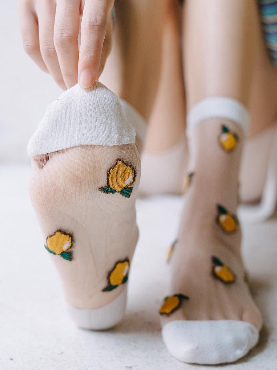 New Girls Cute Cartoon Fruits Sheer Kawaii Lady Women Summer Fall Avocado Lemon Pineapple Cherry Jacquard Socks For Women