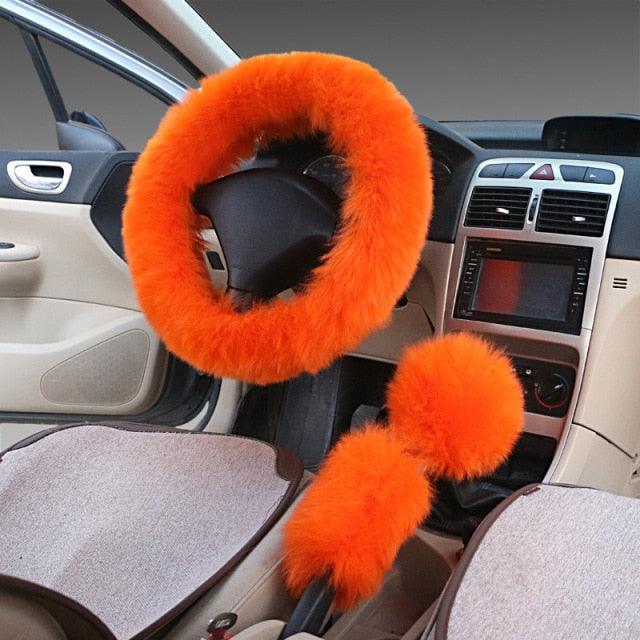 3PCS Fur Steering Wheel Cover Set Real Sheepskin Auto Plush Warm Fluffy Fuzzy Women Winter Fashion Wool Fur Soft Furry Steering Wheel Covers Blue Fluffy Handbrake Cover Gear Shift Cover Fuzz Warm Non-slip Car Decoration Car Accessories for Women Girl