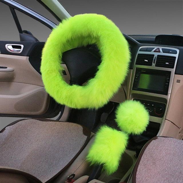 3PCS Fur Steering Wheel Cover Set Real Sheepskin Auto Plush Warm Fluffy Fuzzy Women Winter Fashion Wool Fur Soft Furry Steering Wheel Covers Blue Fluffy Handbrake Cover Gear Shift Cover Fuzz Warm Non-slip Car Decoration Car Accessories for Women Girl