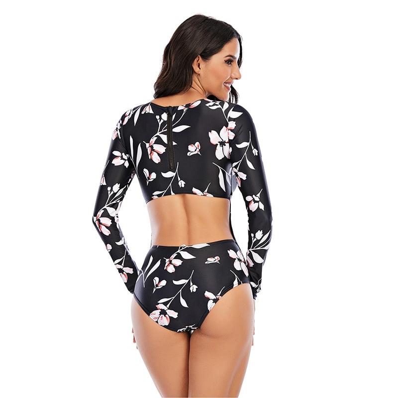 Surfing Swimsuit For Women Bikini Long Sleeve Swimwear Tiger Print Push Up Summer Bath Suit Two Piece Surfing Rash Guard Bikini Long Sleeve Swimsuit Set