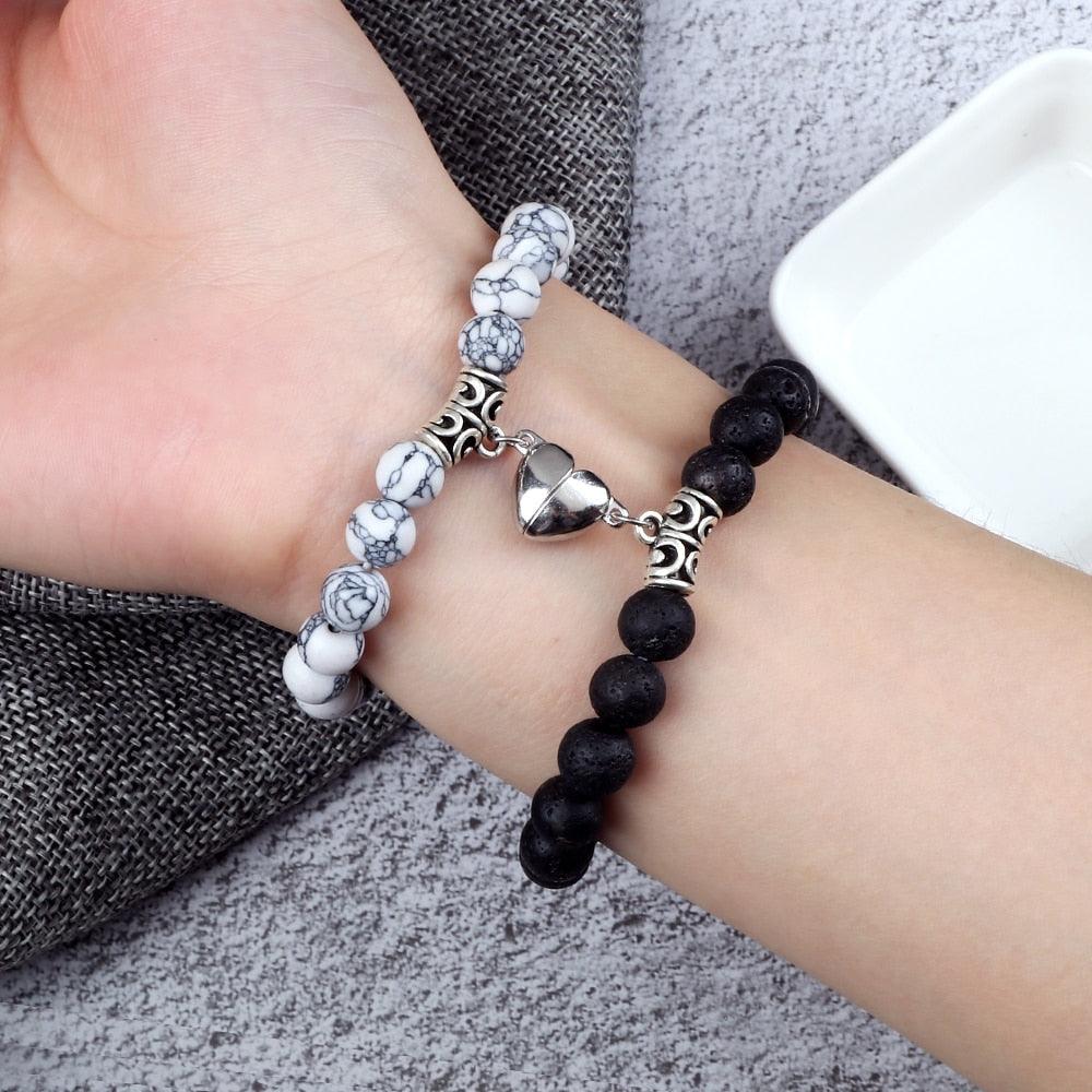 2Pcs/Set Heart Shape Magnet Pendant Bracelet Couples Love Meaningful Natural Stone Bangles Jewelry Bracelet For Couples Elastic Magnetic Field Therapy Bracelet Women Matt Stone Bracelets For Girlfriend