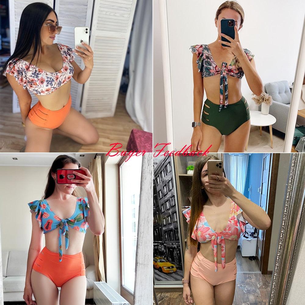 High Waist Bikini Ruffle Swimwear Women Print Swimsuit Push Up Bikinis Plus Size Bathing Suits Floral Beach Wear Bikini Swimsuits for Teen Girls