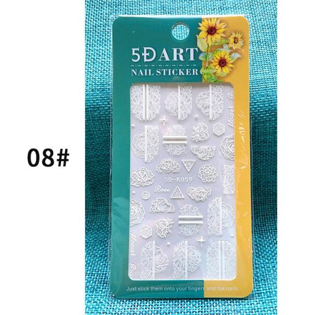 White Embossed Flower Lace 5D Sticker Decal Wedding Nail Art Designs Floral Flower Transfer Decal  Geometry  3D Wave Design Decoration for Women Girls Tape Nail Art Stickers Decal Decoration Geometry Transfer Decals Nail Art Decorations Decoration Decal