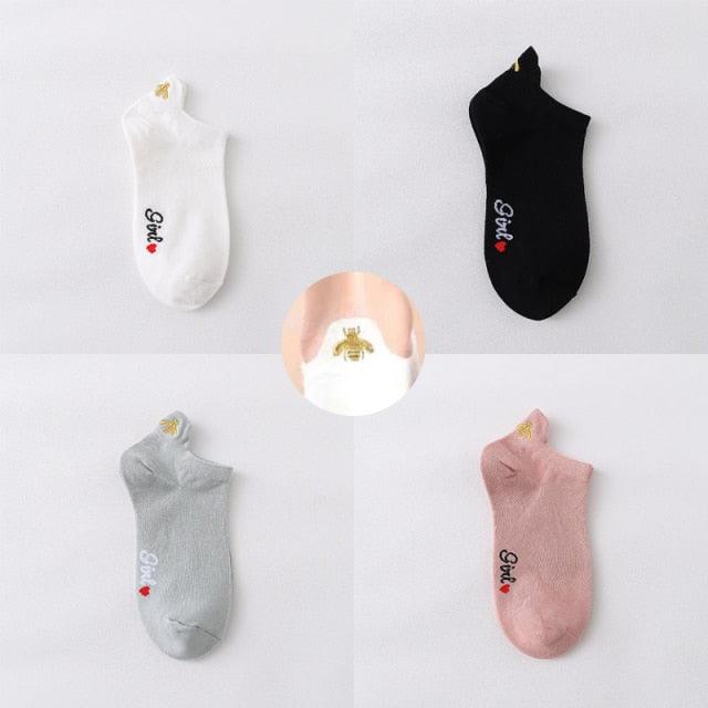 4 Pair/Lot Low Tube Boat Socks Gold Silk Embroidery Mouse Ankle Women Socks Cotton Low Cut Thin No Show Boat Socks For Men And Women