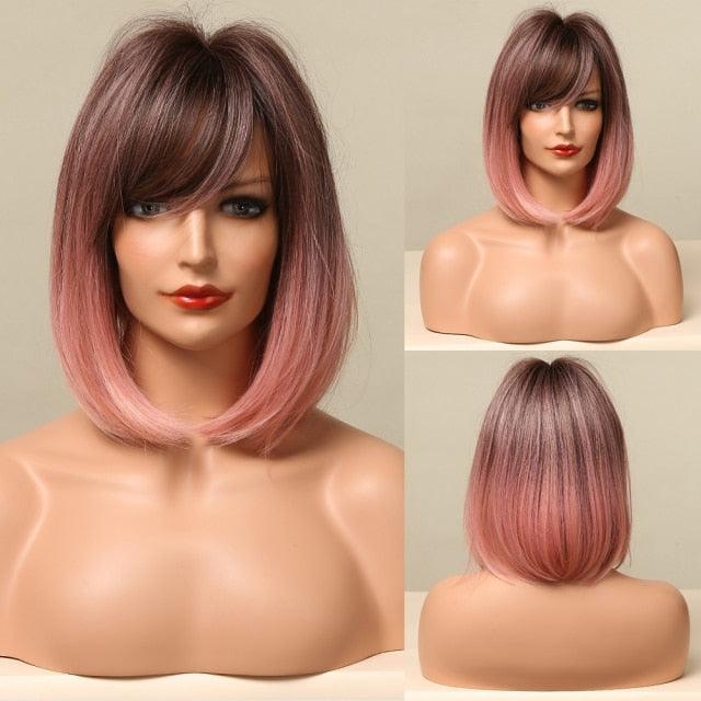 Blonde White Black Ombre Bob Synthetic Wigs for Women Straight Hair Wigs Cosplay Party Wig with bangs Heat Resistant Wigs For Black Women Cosplay Wigs For Women