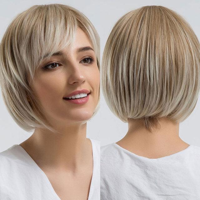 Blonde White Black Ombre Bob Synthetic Wigs for Women Straight Hair Wigs Cosplay Party Wig with bangs Heat Resistant Wigs For Black Women Cosplay Wigs For Women