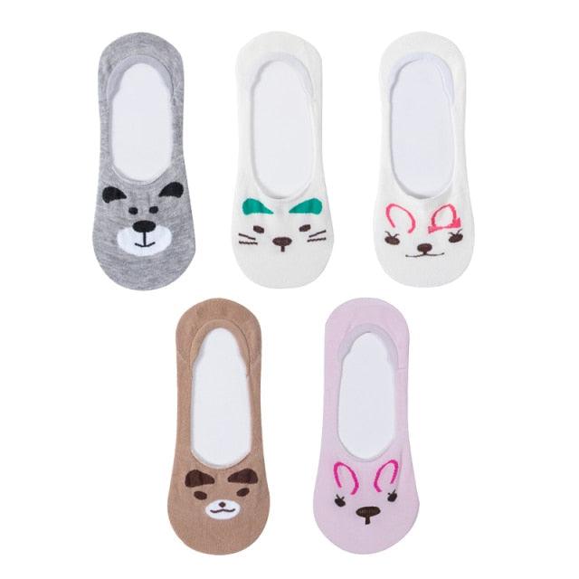 5 Pairs 3D Cartoon Harajuku Cat Cute Heart Invisible Cotton Socks Casual Boat Socks Funny Girl Ankle Sock Set for Women