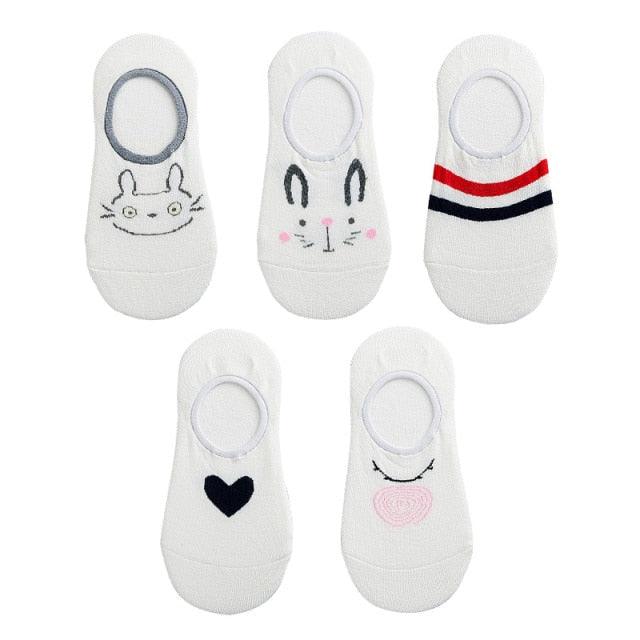 5 Pairs 3D Cartoon Harajuku Cat Cute Heart Invisible Cotton Socks Casual Boat Socks Funny Girl Ankle Sock Set for Women