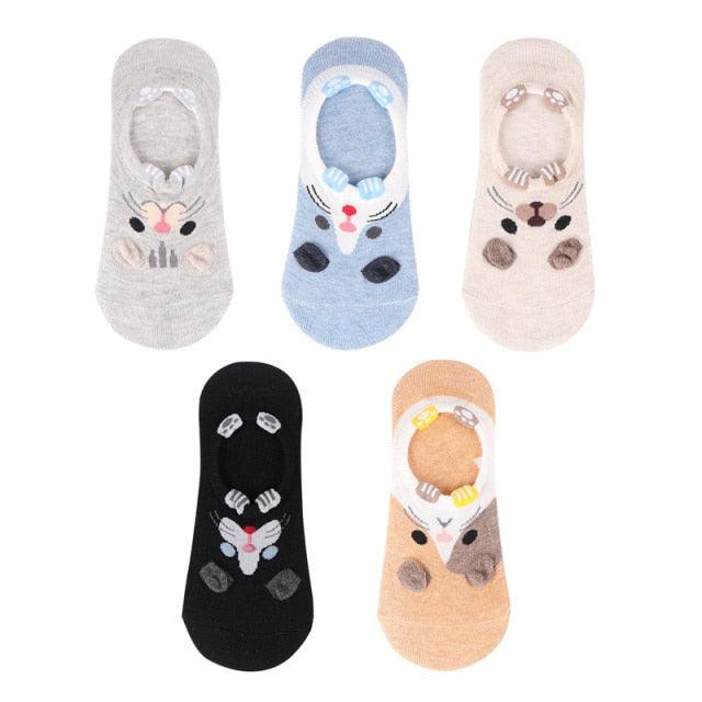 5 Pairs 3D Cartoon Harajuku Cat Cute Heart Invisible Cotton Socks Casual Boat Socks Funny Girl Ankle Sock Set for Women