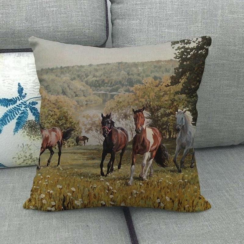 Elegant Grassland Floral Horse Pillow Covers Pastoral Animal Pattern Decorative Pillow Cases For Home Car Sofa Best Gift Linen / Cotton Square Pillow Cover Decorative Throw Pillowcase, Farmhouse Horse 45X45cm