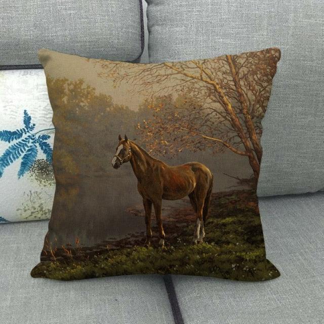 Elegant Grassland Floral Horse Pillow Covers Pastoral Animal Pattern Decorative Pillow Cases For Home Car Sofa Best Gift Linen / Cotton Square Pillow Cover Decorative Throw Pillowcase, Farmhouse Horse 45X45cm