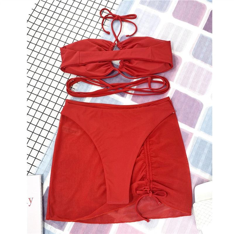 Halter Hollow Cross Bikinis Set Swimsuit Women's New Solid Two-Piece Swimwear Two Piece Swimsuit Halter Crisscross Cut Out Bikini Wrap Top with High Waist  Bottom Beach Swimwear Summer Beachwear Woman Bath Bathing Suit