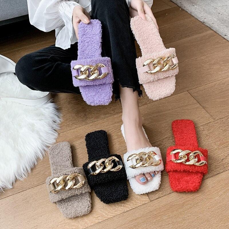 Women Summer Slipper Square Toe Chain Slippers Slip On Flat Slide Sandals Beach Flip Flops Casual Shoes Woman Heel Shoes Open Toe Slip On Dress Backless Heels Slides Slippers