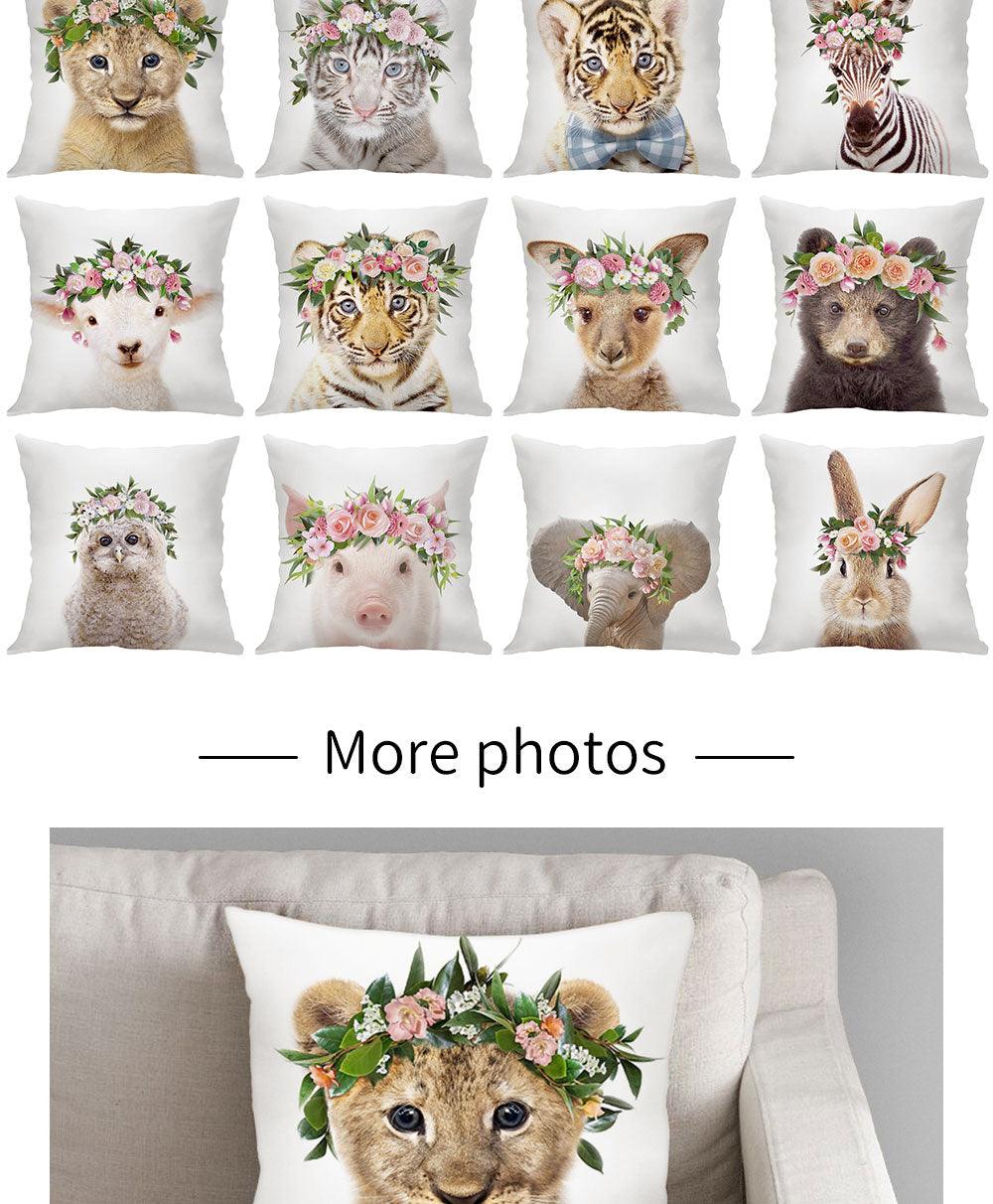 Cute Baby Animals Pattern Pillow Case Cotton Linen Cushion Cover for Home Sofa Pillow Covers, Cushion Covers Tiger Bunny Rabbit Horse Sheep Bear With Head Flowers Decorative Velvet Pillow Covers 45X45CM