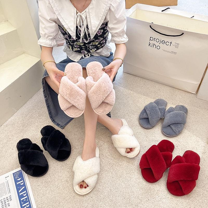 Fluffy Slippers Women Cozy Faux Fur Cross Indoor Floor Slides Flat Soft Furry Shoes Fluffy Furry Fur Slippers Flip Flop Open Toe Cozy House Memory Foam Sandals Slides Soft Flat Comfy Slippers