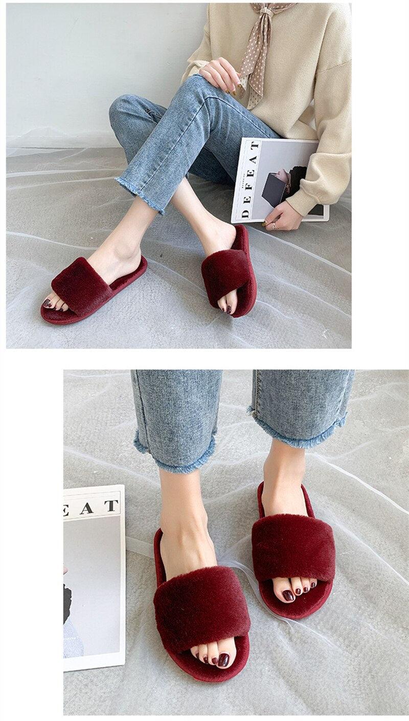 Fluffy Slippers Women Cozy Faux Fur Cross Indoor Floor Slides Flat Soft Furry Shoes Fluffy Furry Fur Slippers Flip Flop Open Toe Cozy House Memory Foam Sandals Slides Soft Flat Comfy Slippers