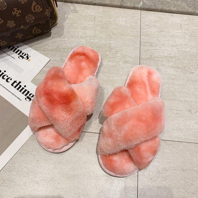 Fluffy Slippers Women Cozy Faux Fur Cross Indoor Floor Slides Flat Soft Furry Shoes Fluffy Furry Fur Slippers Flip Flop Open Toe Cozy House Memory Foam Sandals Slides Soft Flat Comfy Slippers