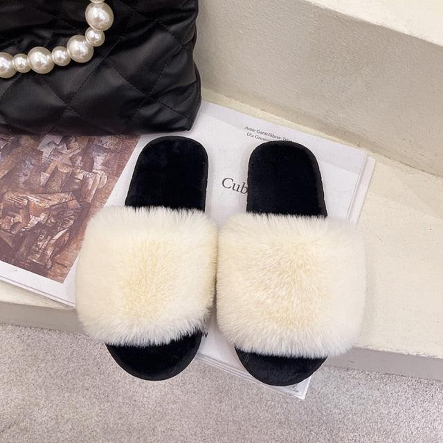 Fluffy Slippers Women Cozy Faux Fur Cross Indoor Floor Slides Flat Soft Furry Shoes Fluffy Furry Fur Slippers Flip Flop Open Toe Cozy House Memory Foam Sandals Slides Soft Flat Comfy Slippers