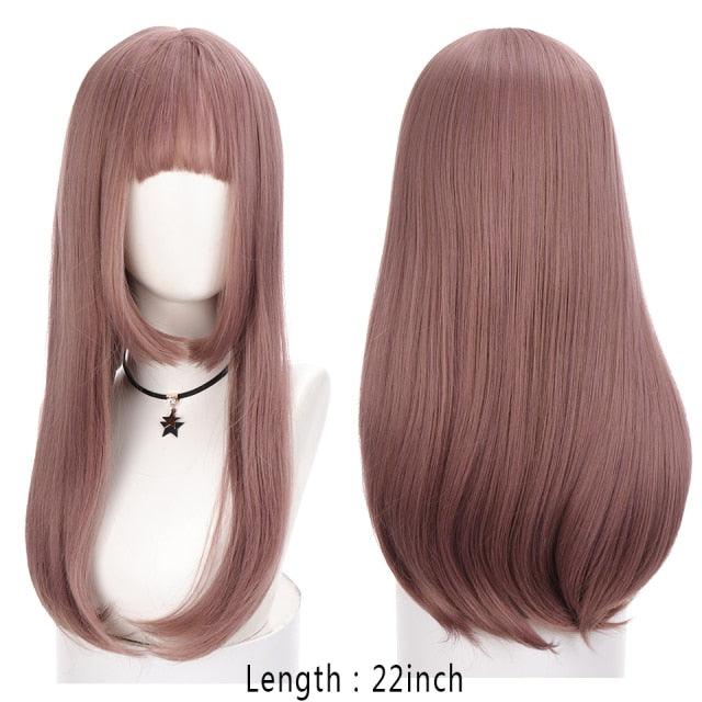 Long Straight With Bangs Synthetic Wigs For Black/White Women Natural Black Brown Gray Heat Resistant Fiber Hair Wigs For Black Women Cosplay Wigs For Women Gifts for Girlfriends