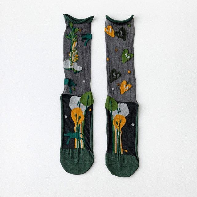 Fashion Women Socks New Spring Summer Mesh Thin Long Printed Socks Women Casual Breathable Fresh Flower Socks Korea Style Color Thin Socks For Women