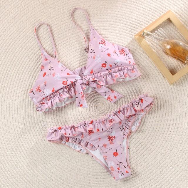 Women Summer Floral Print Swimsuit Modern Bow Swimwear Lace Up Bikini Set Bathing Suit Women Women's Bathing Suit Tie Knot Front Ruffle Bikini Set Two Piece Swimsuit